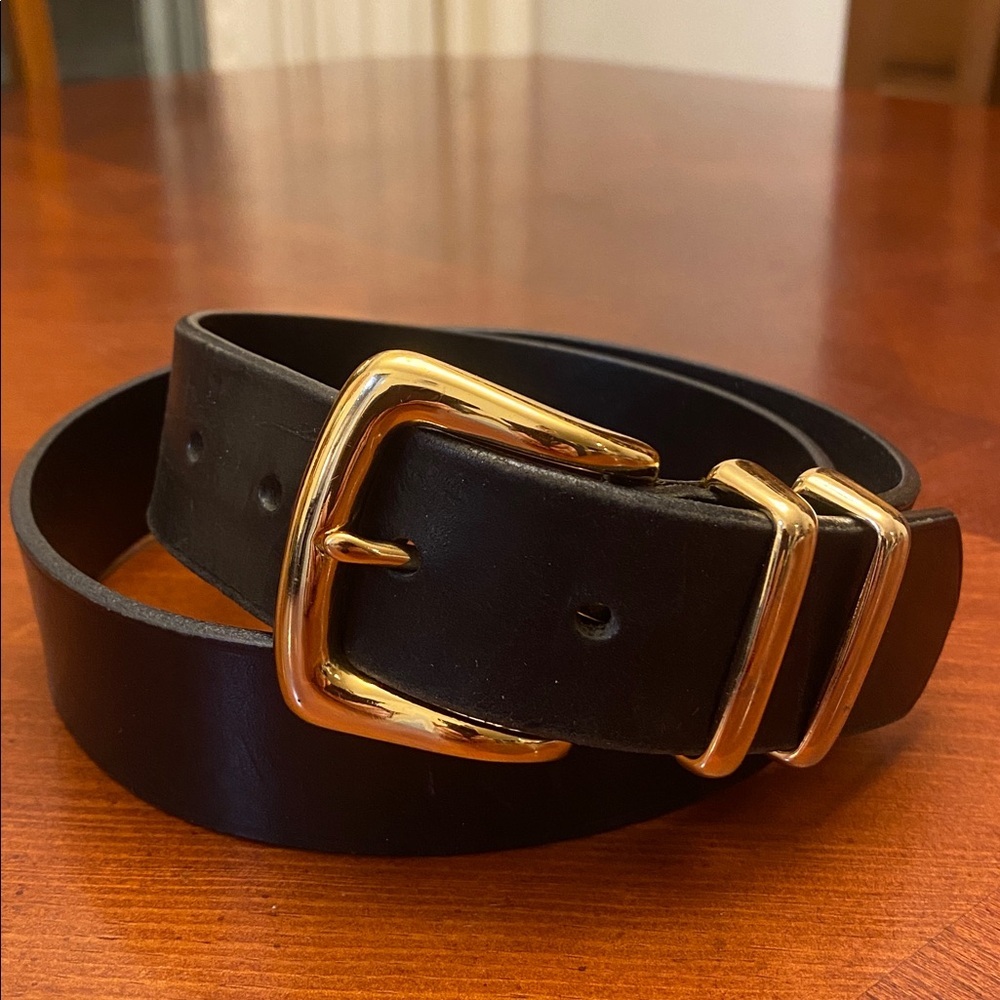 Black Italian genuine leather belt with gold buckle